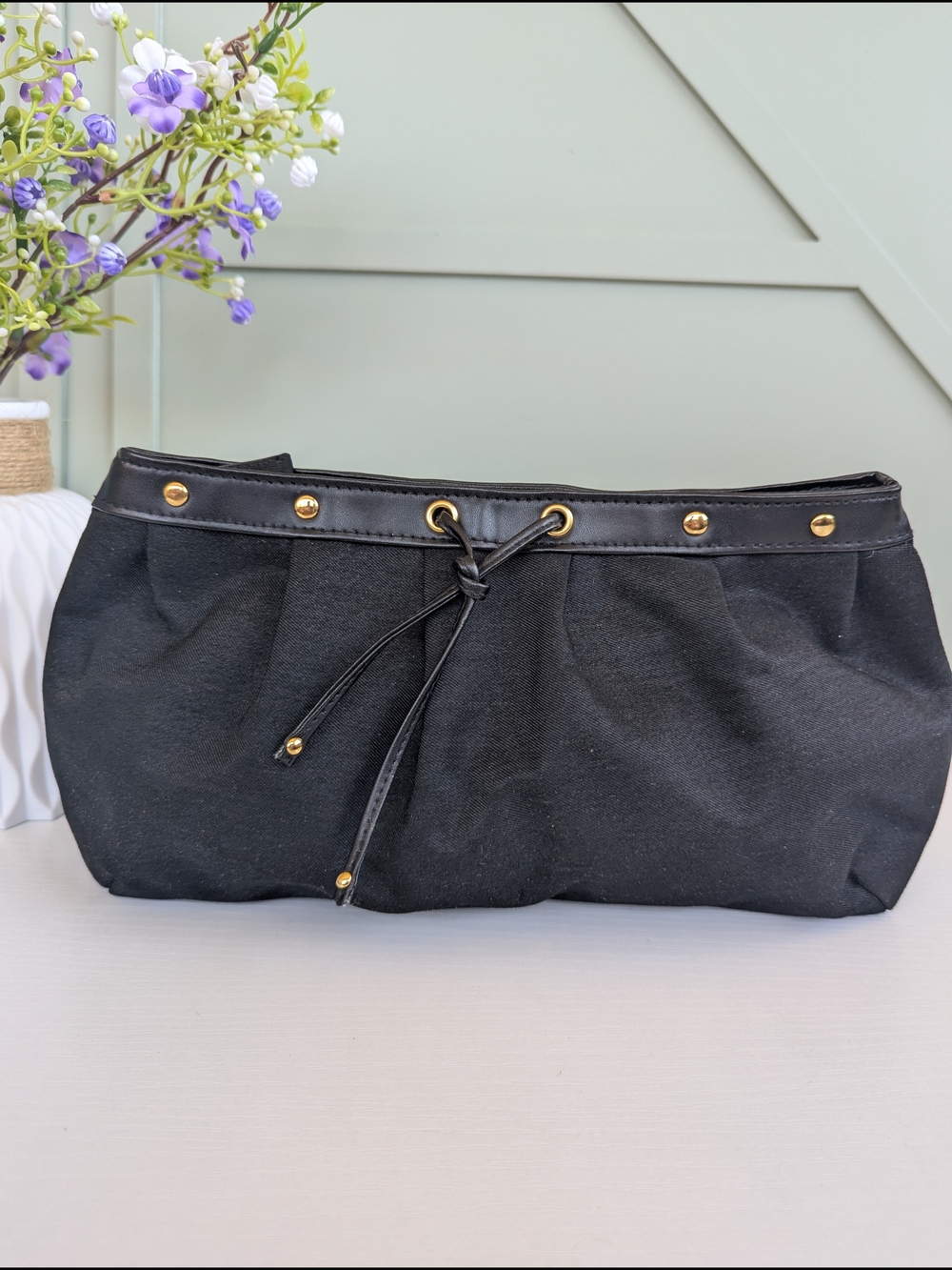 Yves Saint Laurent Black Drawstring Canvas Clutch with Gold Accents
